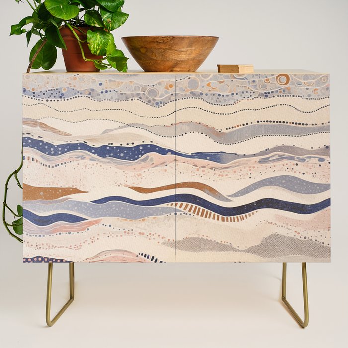 Organic Earth Tones Abstract - Flowing Minimalist Pattern with Waves Dots Credenza Gallery Image 1
