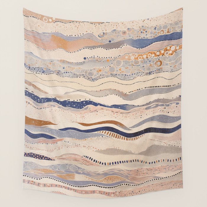 Organic Earth Tones Abstract - Flowing Minimalist Pattern with Waves Dots Wall Tapestry Gallery Image 4