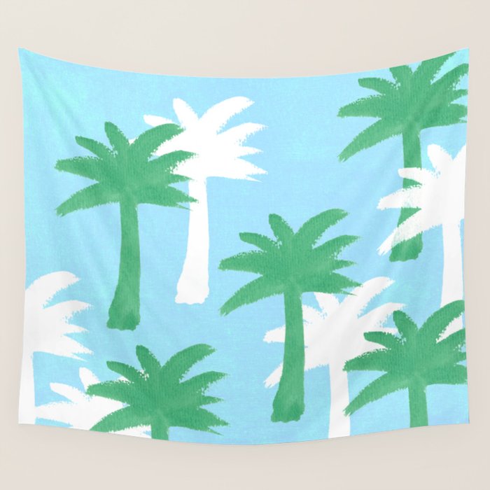 Palm Tree Tropical Pattern - Blue Green Wall Tapestry Gallery Image 4