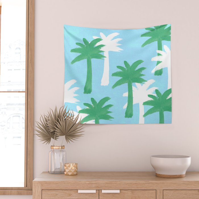 Palm Tree Tropical Pattern - Blue Green Wall Tapestry Gallery Image 2