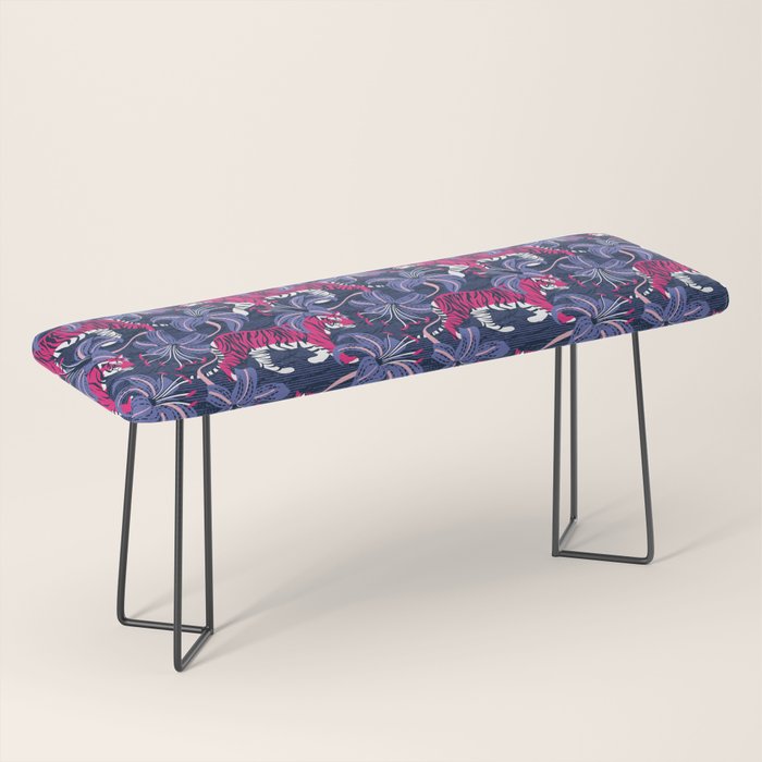 Tigers in a tiger lily garden // textured navy blue background fuchsia pink wild animals very peri flowers Bench Gallery Image 1