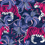 Tigers in a tiger lily garden // textured navy blue background fuchsia pink wild animals very peri flowers Coffee Mug Gallery Image 2