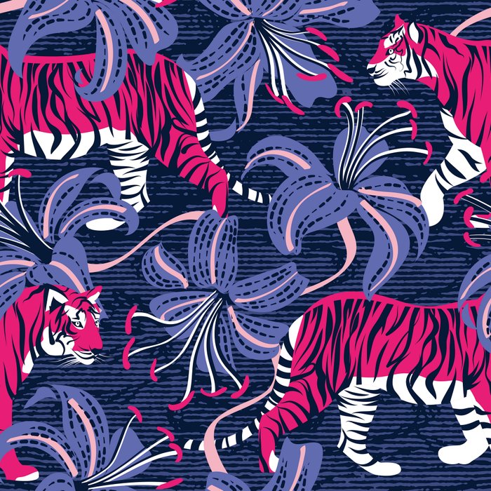 Tigers in a tiger lily garden // textured navy blue background fuchsia pink wild animals very peri flowers Coffee Mug Gallery Image 2