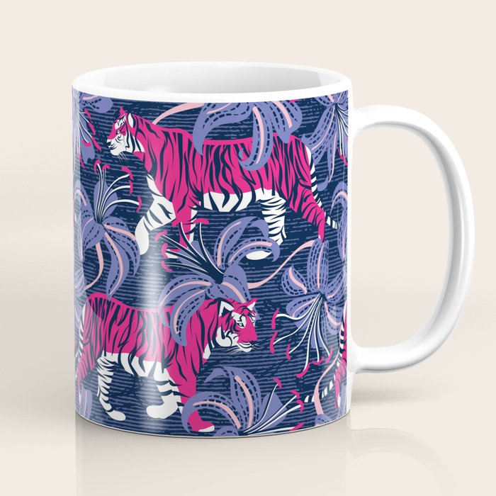 Tigers in a tiger lily garden // textured navy blue background fuchsia pink wild animals very peri flowers Coffee Mug Gallery Image 1