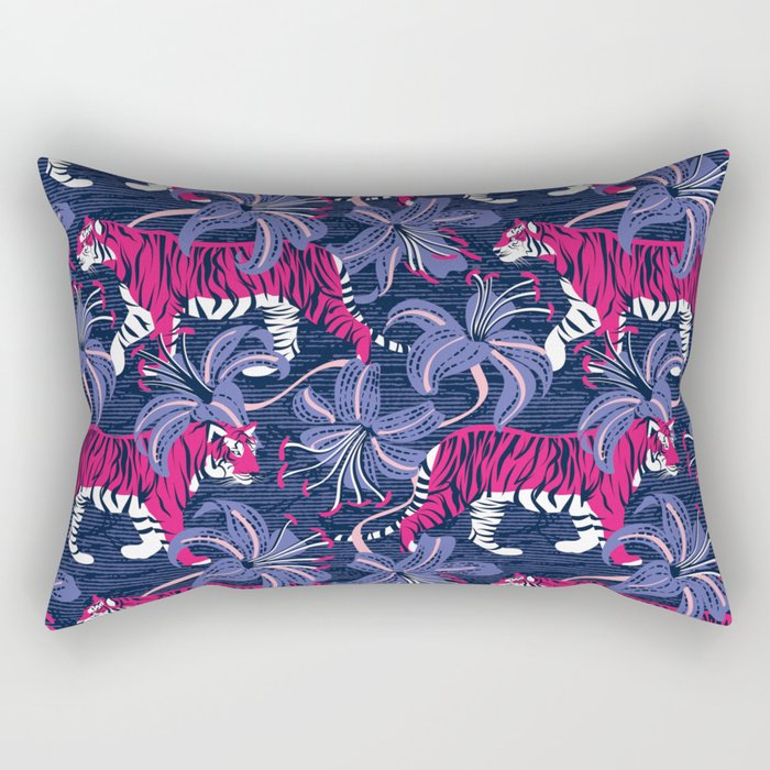 Tigers in a tiger lily garden // textured navy blue background fuchsia pink wild animals very peri flowers Rectangular Pillow Gallery Image 2