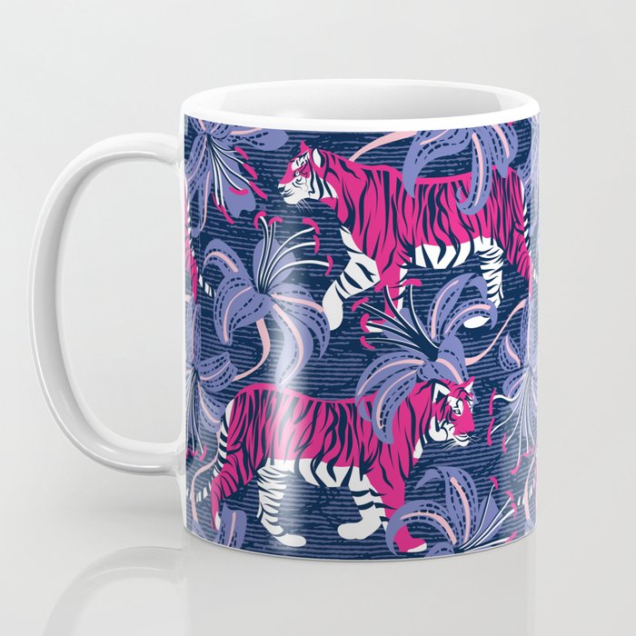 Tigers in a tiger lily garden // textured navy blue background fuchsia pink wild animals very peri flowers Coffee Mug Gallery Image 3