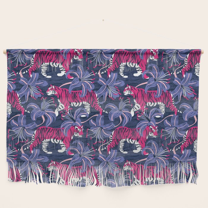 Tigers in a tiger lily garden // textured navy blue background fuchsia pink wild animals very peri flowers Wall Hanging Gallery Image 1