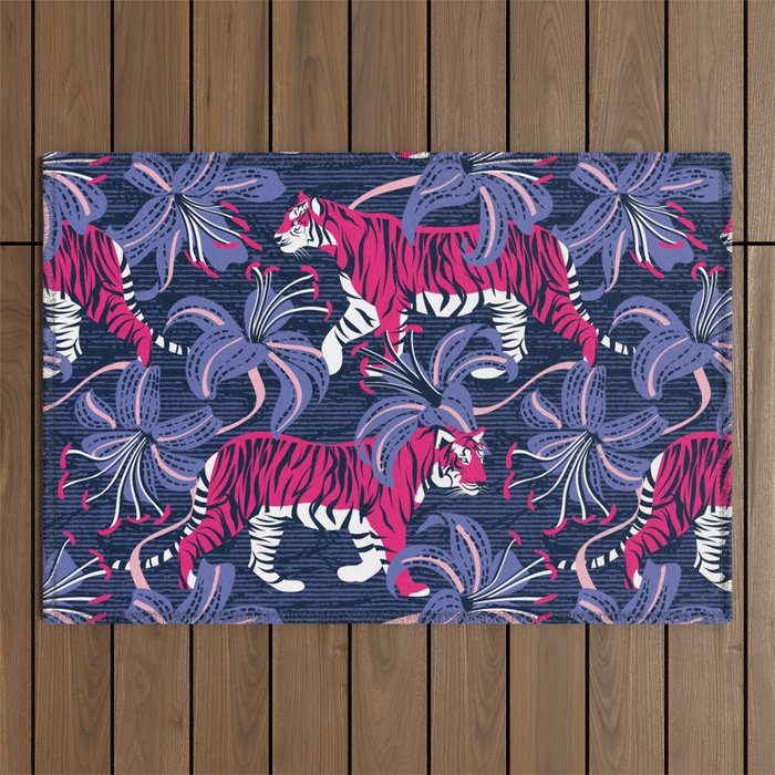 Tigers in a tiger lily garden // textured navy blue background fuchsia pink wild animals very peri flowers Outdoor Rug Gallery Image 1
