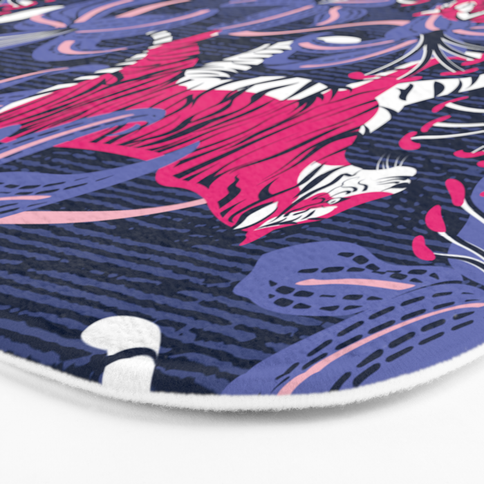 Tigers in a tiger lily garden // textured navy blue background fuchsia pink wild animals very peri flowers Bath Mat Gallery Image 3