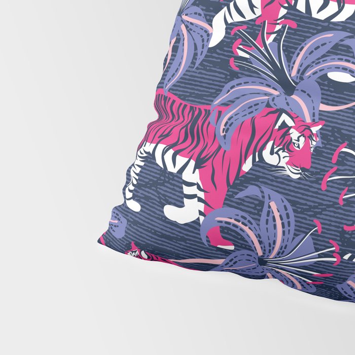 Tigers in a tiger lily garden // textured navy blue background fuchsia pink wild animals very peri flowers Pillow Sham Gallery Image 4