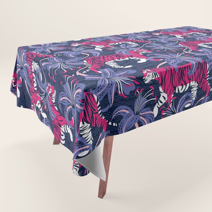 Tigers in a tiger lily garden // textured navy blue background fuchsia pink wild animals very peri flowers Tablecloth Gallery Image 1