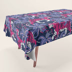 Tigers in a tiger lily garden // textured navy blue background fuchsia pink wild animals very peri flowers Tablecloth Gallery Image 1