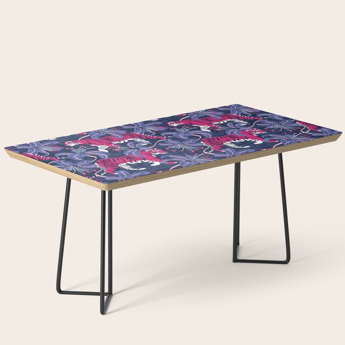 Tigers in a tiger lily garden // textured navy blue background fuchsia pink wild animals very peri flowers Coffee Table Gallery Image 1