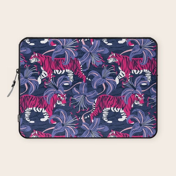 Tigers in a tiger lily garden // textured navy blue background fuchsia pink wild animals very peri flowers Laptop Sleeve Gallery Image 1