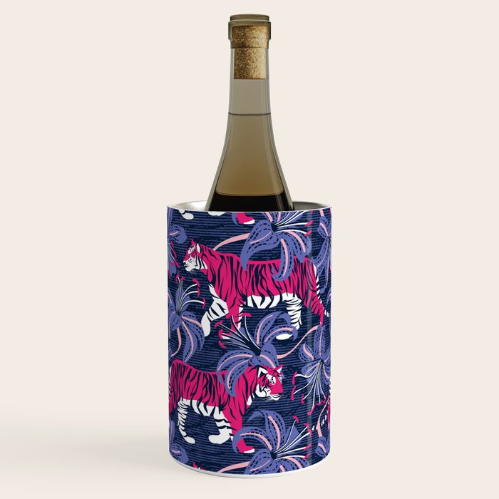 Tigers in a tiger lily garden // textured navy blue background fuchsia pink wild animals very peri flowers Wine Chiller Gallery Image 3