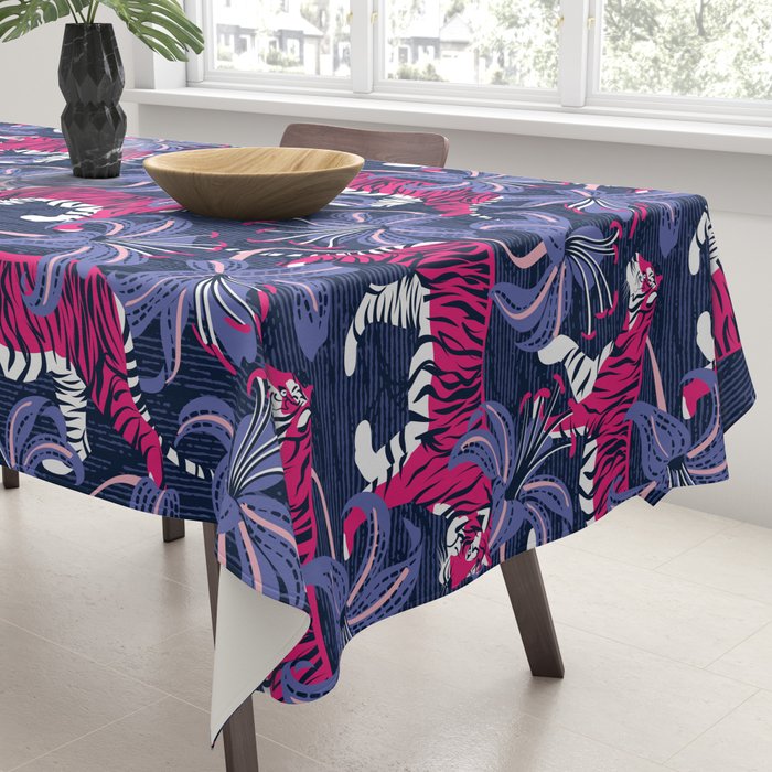 Tigers in a tiger lily garden // textured navy blue background fuchsia pink wild animals very peri flowers Tablecloth Gallery Image 3