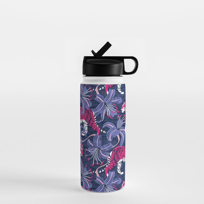 Tigers in a tiger lily garden // textured navy blue background fuchsia pink wild animals very peri flowers Water Bottle Gallery Image 1