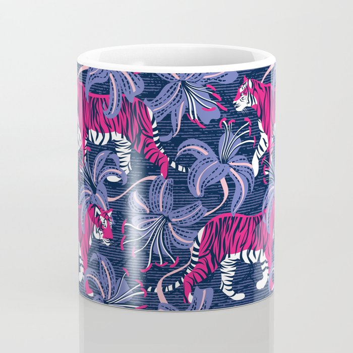 Tigers in a tiger lily garden // textured navy blue background fuchsia pink wild animals very peri flowers Coffee Mug Gallery Image 4
