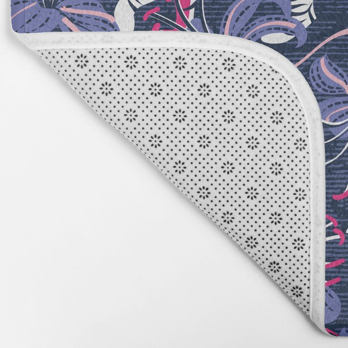 Tigers in a tiger lily garden // textured navy blue background fuchsia pink wild animals very peri flowers Bath Mat Gallery Image 2