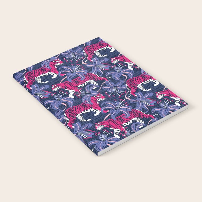 Tigers in a tiger lily garden // textured navy blue background fuchsia pink wild animals very peri flowers Notebook Gallery Image 1