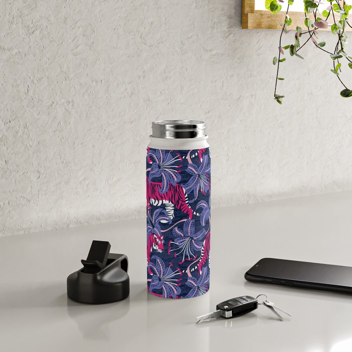 Tigers in a tiger lily garden // textured navy blue background fuchsia pink wild animals very peri flowers Water Bottle Gallery Image 4