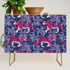 Tigers in a tiger lily garden // textured navy blue background fuchsia pink wild animals very peri flowers Credenza Gallery Image 1