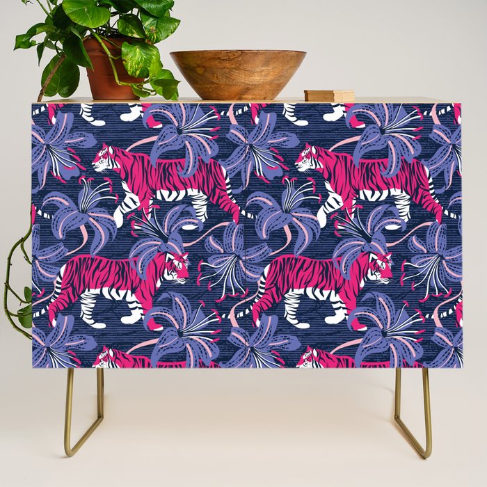 Tigers in a tiger lily garden // textured navy blue background fuchsia pink wild animals very peri flowers Credenza Gallery Image 1