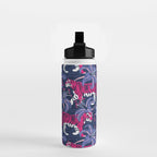 Tigers in a tiger lily garden // textured navy blue background fuchsia pink wild animals very peri flowers Water Bottle Gallery Image 2