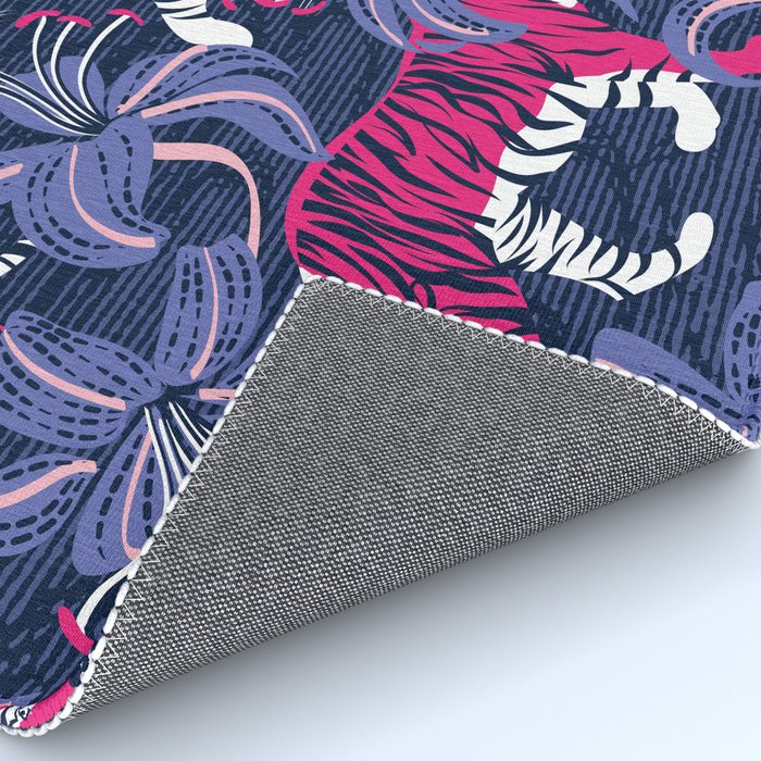 Tigers in a tiger lily garden // textured navy blue background fuchsia pink wild animals very peri flowers Rug Gallery Image 4