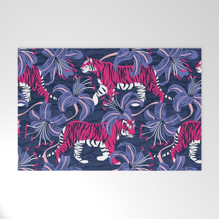 Tigers in a tiger lily garden // textured navy blue background fuchsia pink wild animals very peri flowers Welcome Mat Gallery Image 1