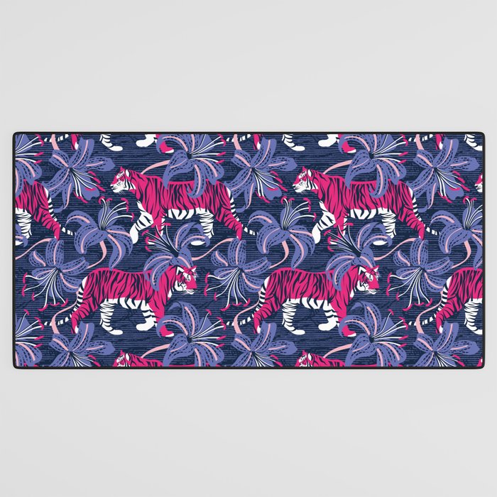 Tigers in a tiger lily garden // textured navy blue background fuchsia pink wild animals very peri flowers Desk Mat Gallery Image 3