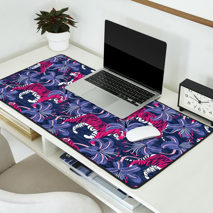 Tigers in a tiger lily garden // textured navy blue background fuchsia pink wild animals very peri flowers Desk Mat Gallery Image 2