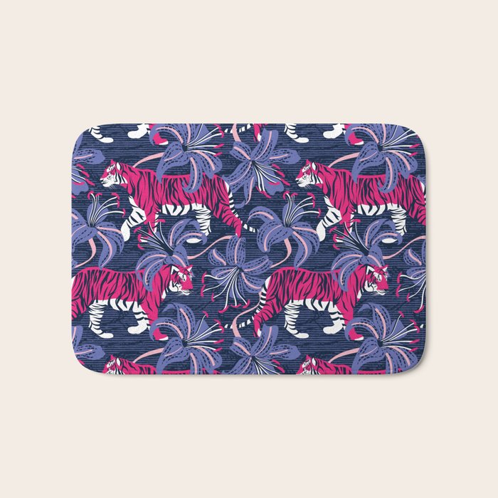 Tigers in a tiger lily garden // textured navy blue background fuchsia pink wild animals very peri flowers Bath Mat Gallery Image 1