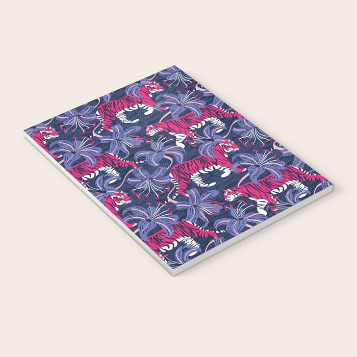 Tigers in a tiger lily garden // textured navy blue background fuchsia pink wild animals very peri flowers Notebook Gallery Image 3