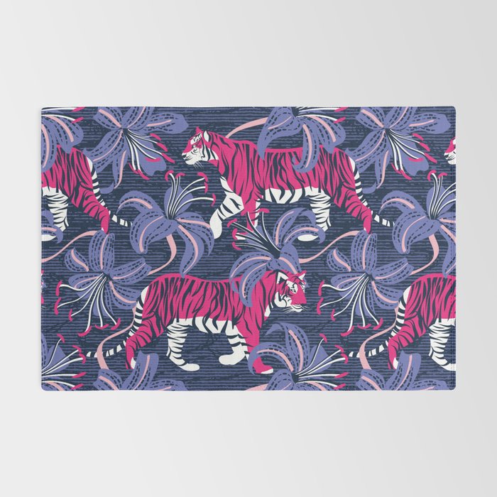 Tigers in a tiger lily garden // textured navy blue background fuchsia pink wild animals very peri flowers Rug Gallery Image 2