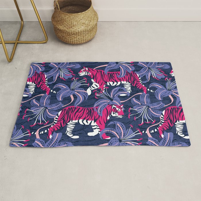 Tigers in a tiger lily garden // textured navy blue background fuchsia pink wild animals very peri flowers Rug Gallery Image 1