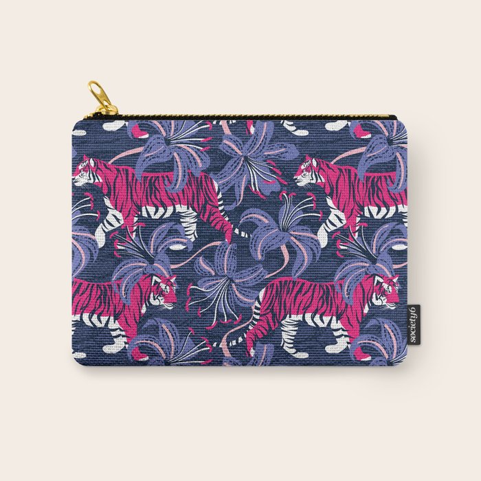 Tigers in a tiger lily garden // textured navy blue background fuchsia pink wild animals very peri flowers Carry All Pouch Gallery Image 1
