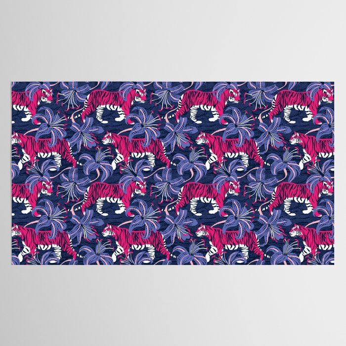 Tigers in a tiger lily garden // textured navy blue background fuchsia pink wild animals very peri flowers Tablecloth Gallery Image 2