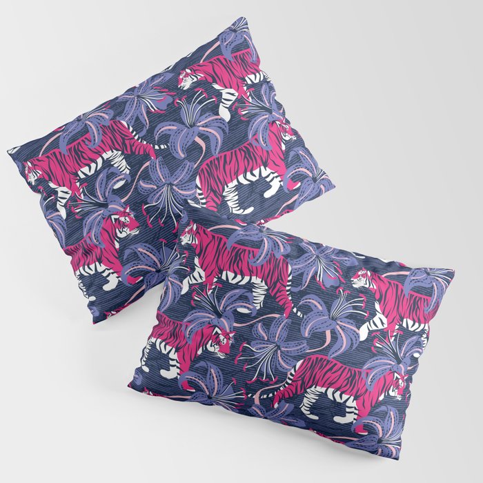 Tigers in a tiger lily garden // textured navy blue background fuchsia pink wild animals very peri flowers Pillow Sham Gallery Image 3
