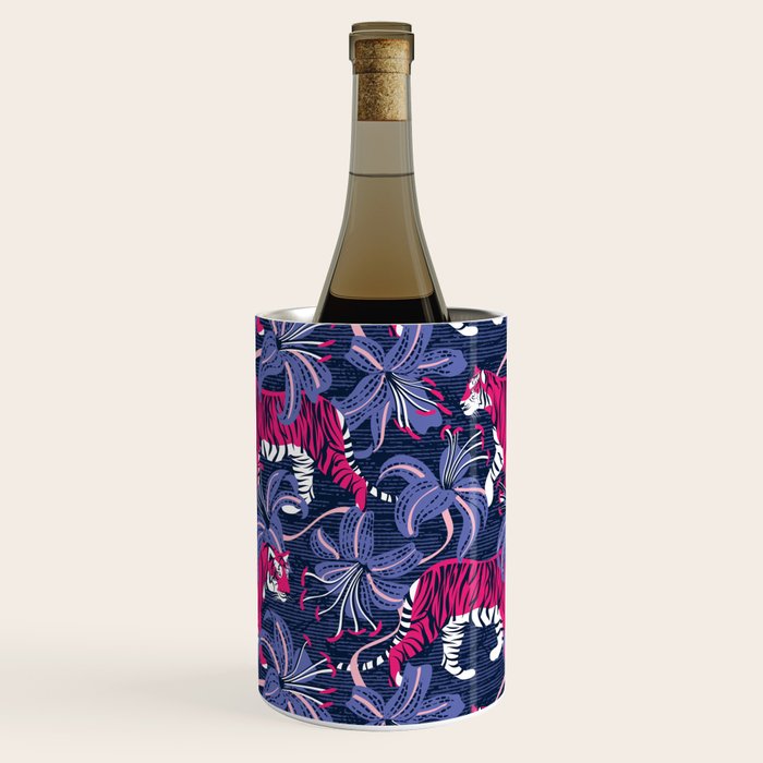 Tigers in a tiger lily garden // textured navy blue background fuchsia pink wild animals very peri flowers Wine Chiller Gallery Image 1