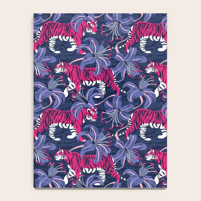 Tigers in a tiger lily garden // textured navy blue background fuchsia pink wild animals very peri flowers Notebook Gallery Image 4