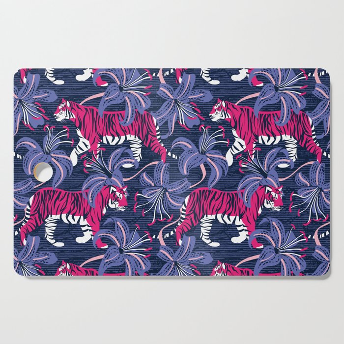 Tigers in a tiger lily garden // textured navy blue background fuchsia pink wild animals very peri flowers Cutting Board Gallery Image 1