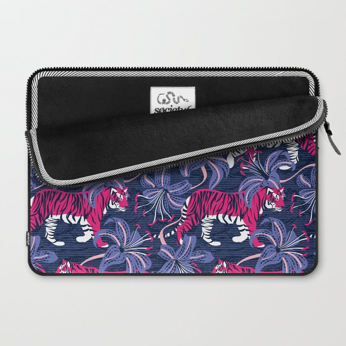 Tigers in a tiger lily garden // textured navy blue background fuchsia pink wild animals very peri flowers Laptop Sleeve Gallery Image 2
