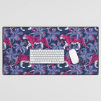 Tigers in a tiger lily garden // textured navy blue background fuchsia pink wild animals very peri flowers Desk Mat Gallery Image 1