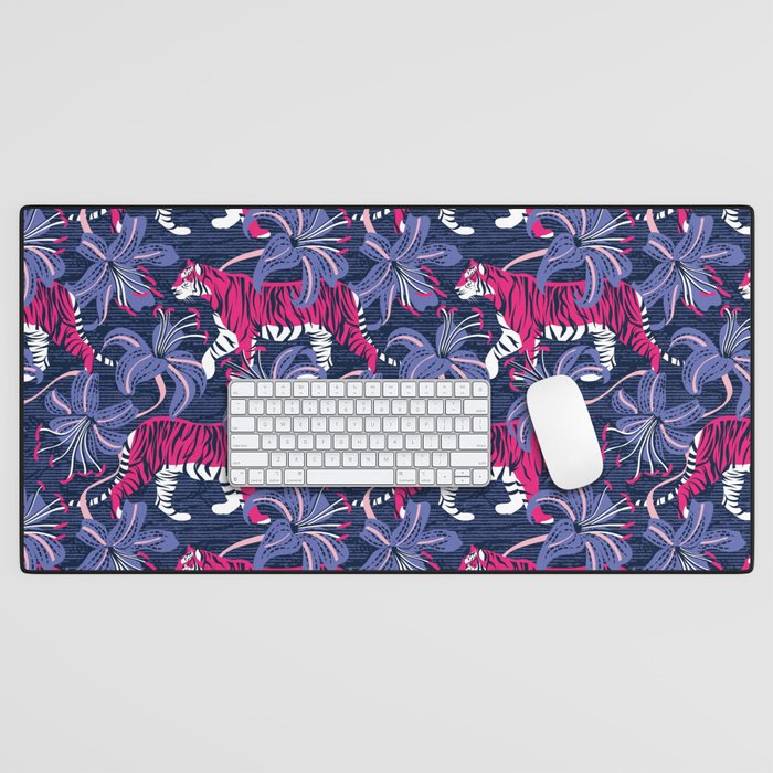 Tigers in a tiger lily garden // textured navy blue background fuchsia pink wild animals very peri flowers Desk Mat Gallery Image 1