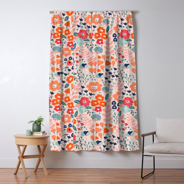 Ditsy Florals, Pink, Orange, Teal, Navy Window Curtain Gallery Image 1