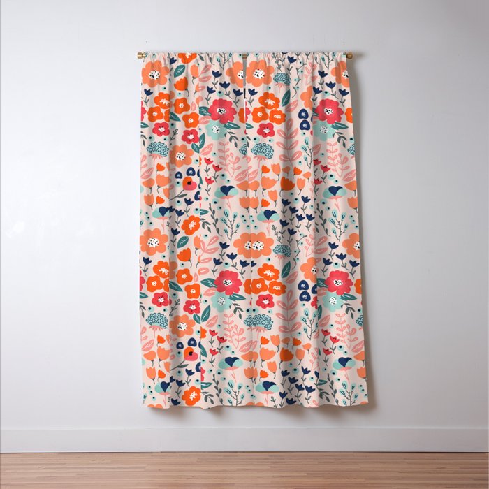 Ditsy Florals, Pink, Orange, Teal, Navy Window Curtain Gallery Image 3