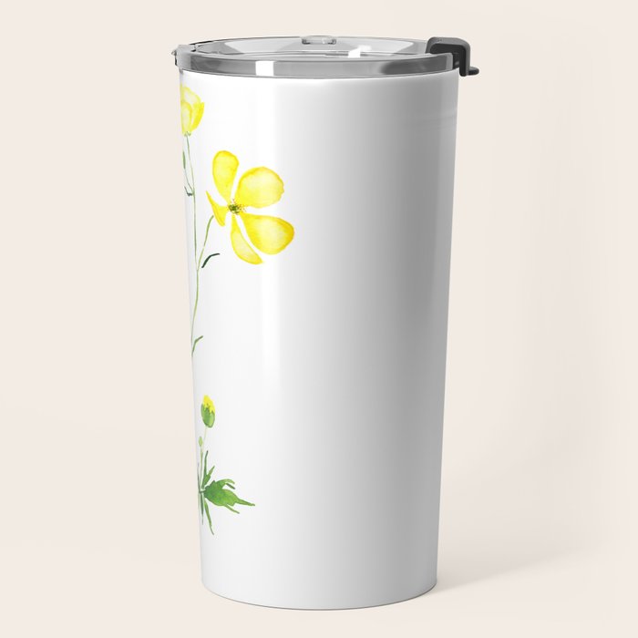 yellow buttercup flower watercolor Travel Mug Gallery Image 2