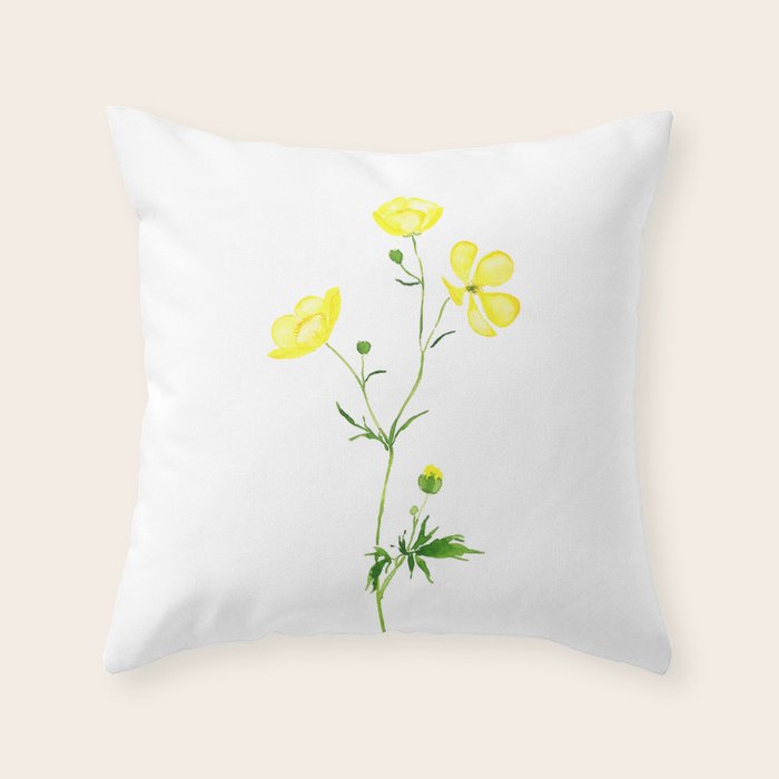 yellow buttercup flower watercolor Throw Pillow Gallery Image 6