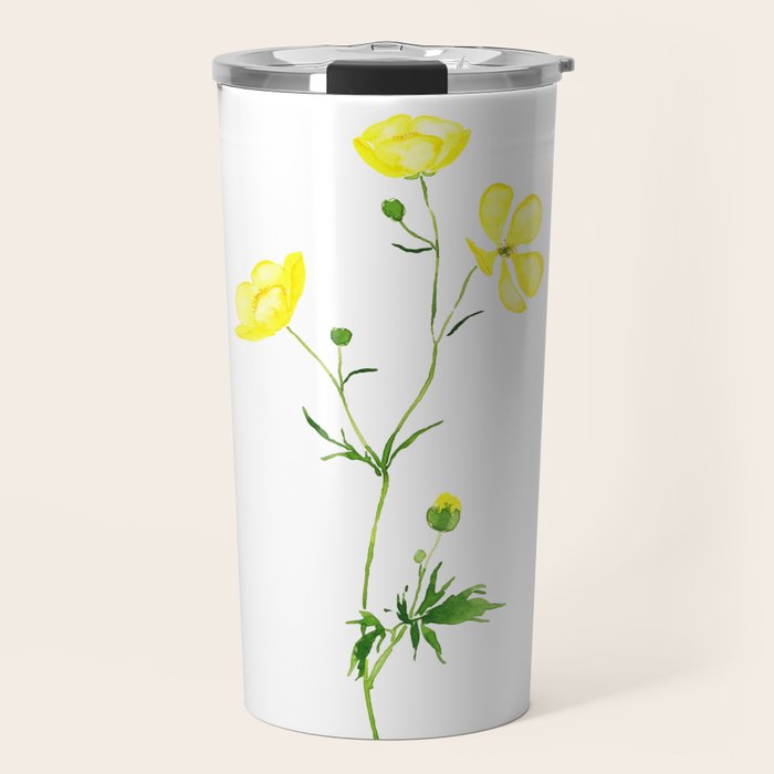 yellow buttercup flower watercolor Travel Mug Gallery Image 1